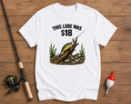 Funny 18 Dollar Lure fishing shirt in white with a snagged crankbait graphic by Funky Fish Club