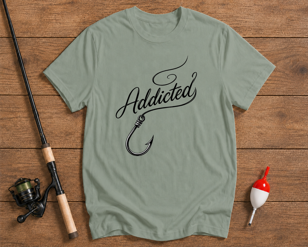 Green t-shirt with 'Addicted' and fish hook graphic on a wooden surface with fishing equipment.

