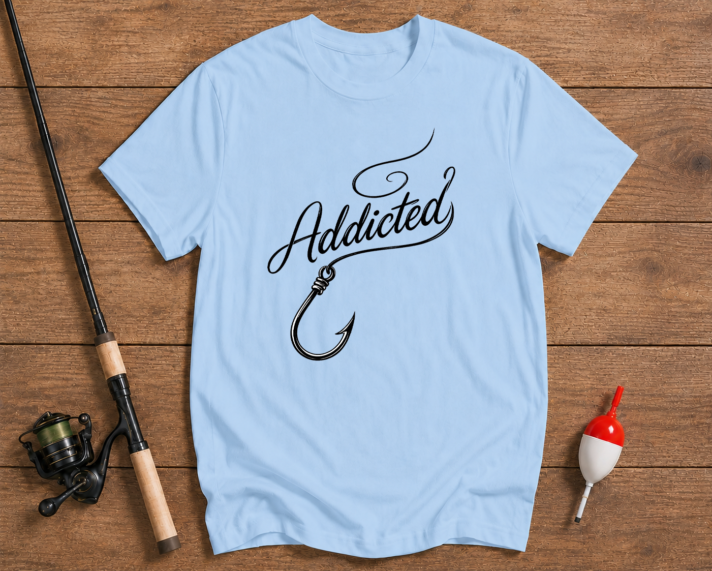 Light blue t-shirt with 'Addicted' graphic on a wooden surface with fishing equipment.

