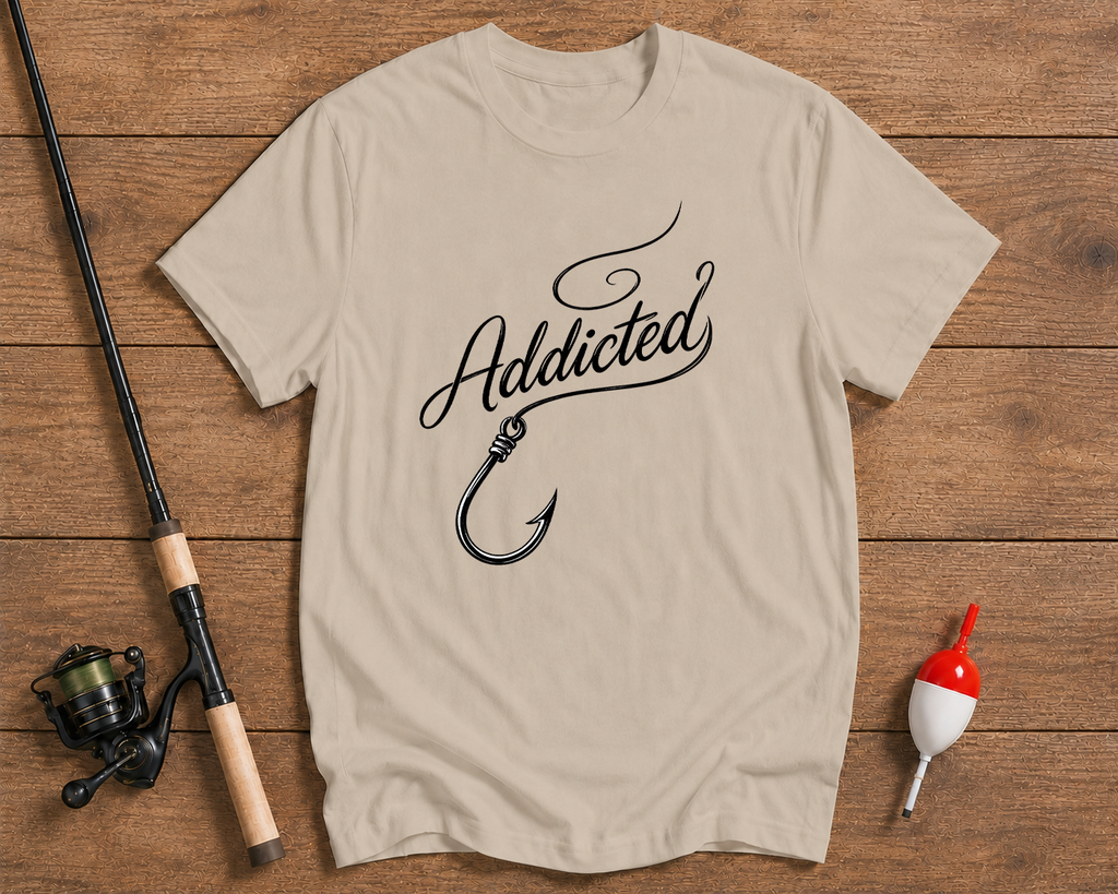 Beige t-shirt with 'Addicted' and fish hook design on a wooden surface with fishing equipment.

