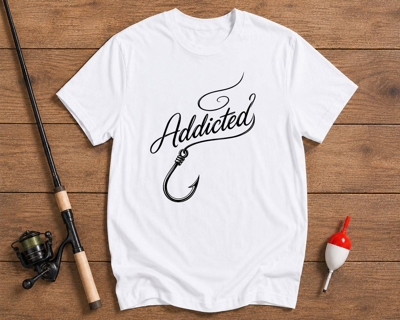 White t-shirt with 'Addicted' and fish hook design on a wooden surface with fishing equipment.

