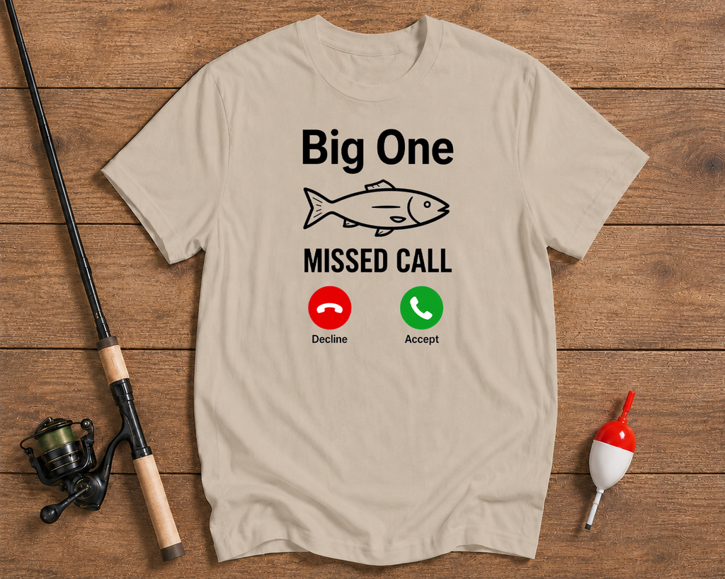Big One Missed Call fishing t-shirt in sand beige by Funky Fish Club