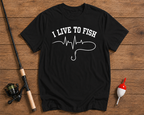 Live To Fish funny fishing t-shirt in black by Funky Fish Club