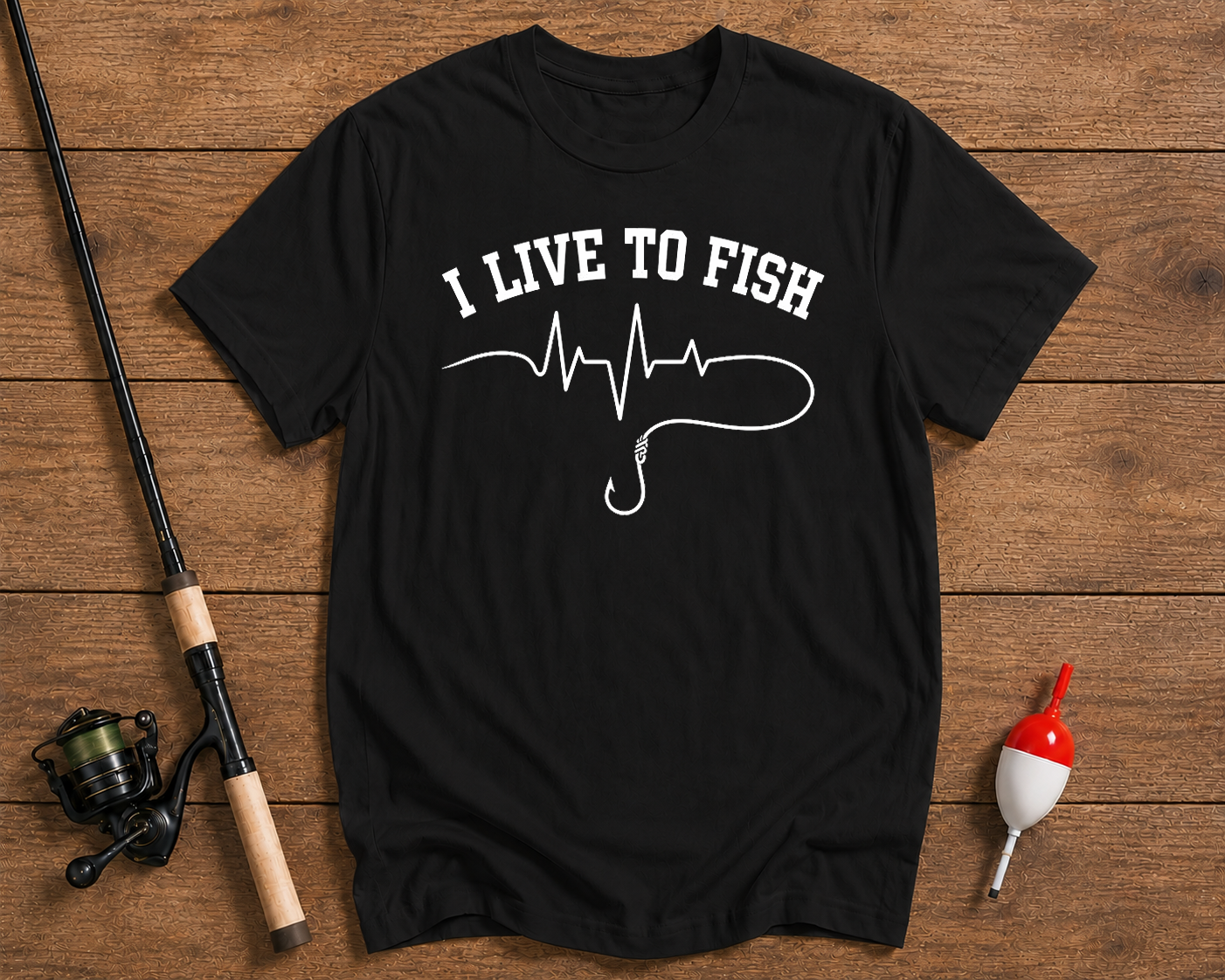 Live To Fish funny fishing t-shirt in black by Funky Fish Club