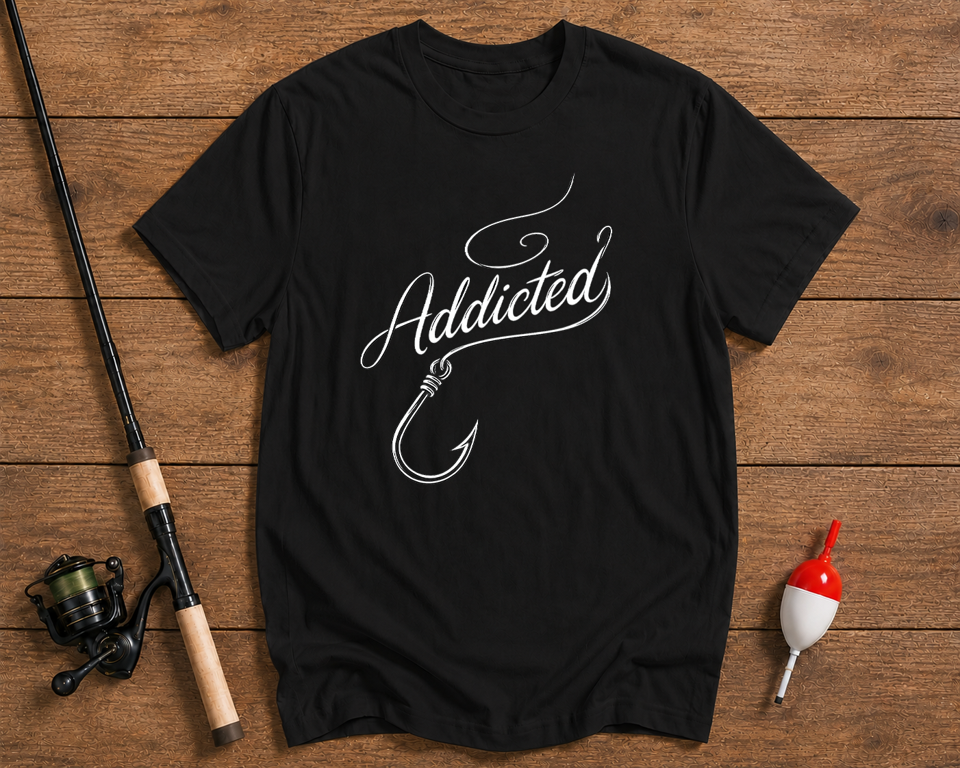 Addicted fishing t-shirt with fishing hook design in black by Funky Fish Club