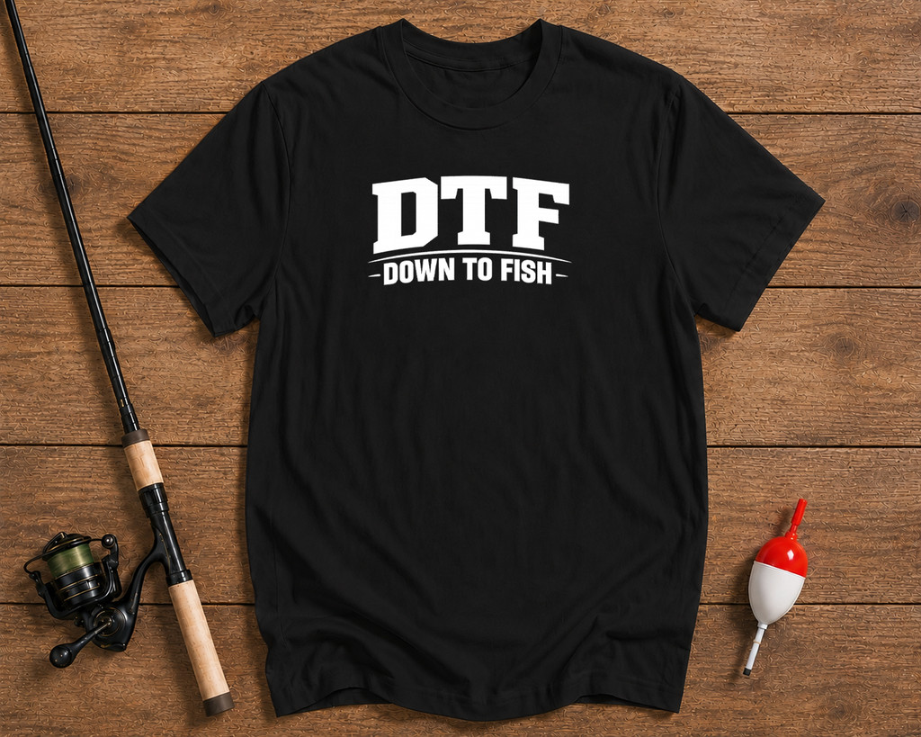DTF Down To Fish graphic t-shirt in black by Funky Fish Club