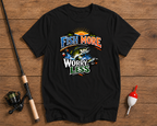 Fish More Worry Less bass fishing t-shirt in black by Funky Fish Club