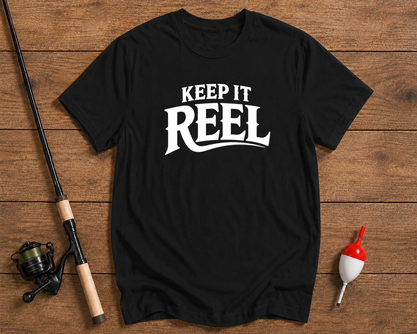Keep It Reel funny fishing t-shirt in black by Funky Fish Club