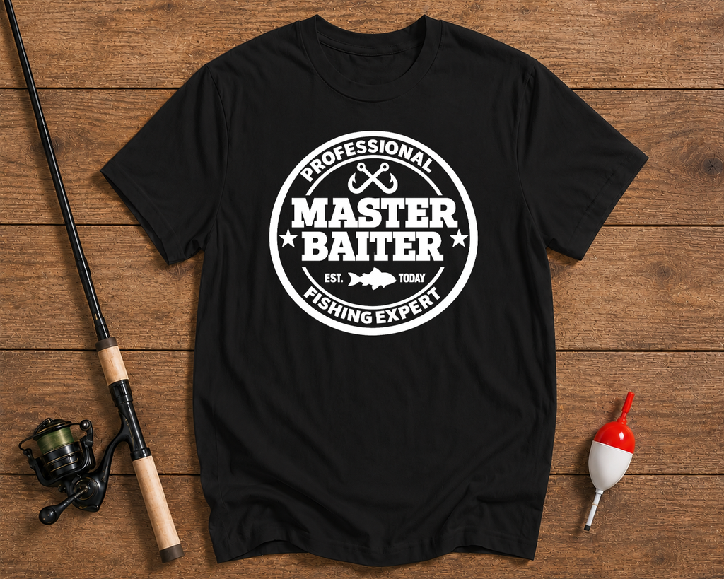 Professional Master Baiter funny fishing t-shirt in black by Funky Fish Club
