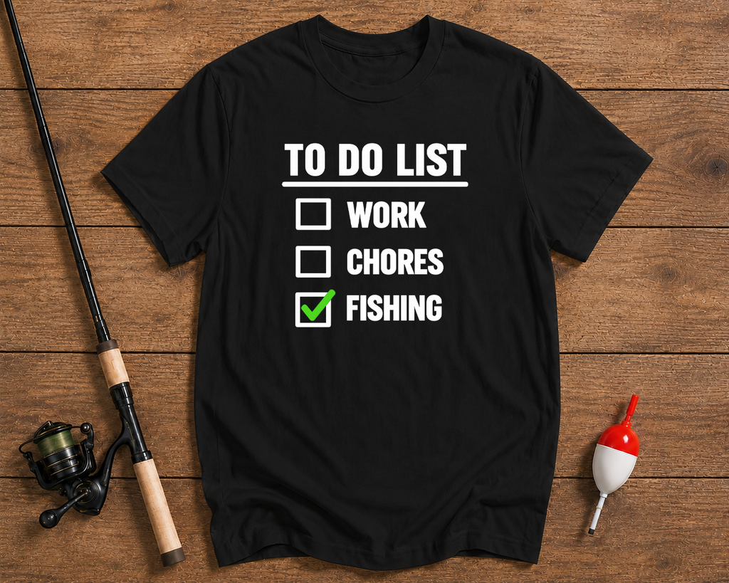 Fishing To Do List funny fishing t-shirt in black by Funky Fish Club