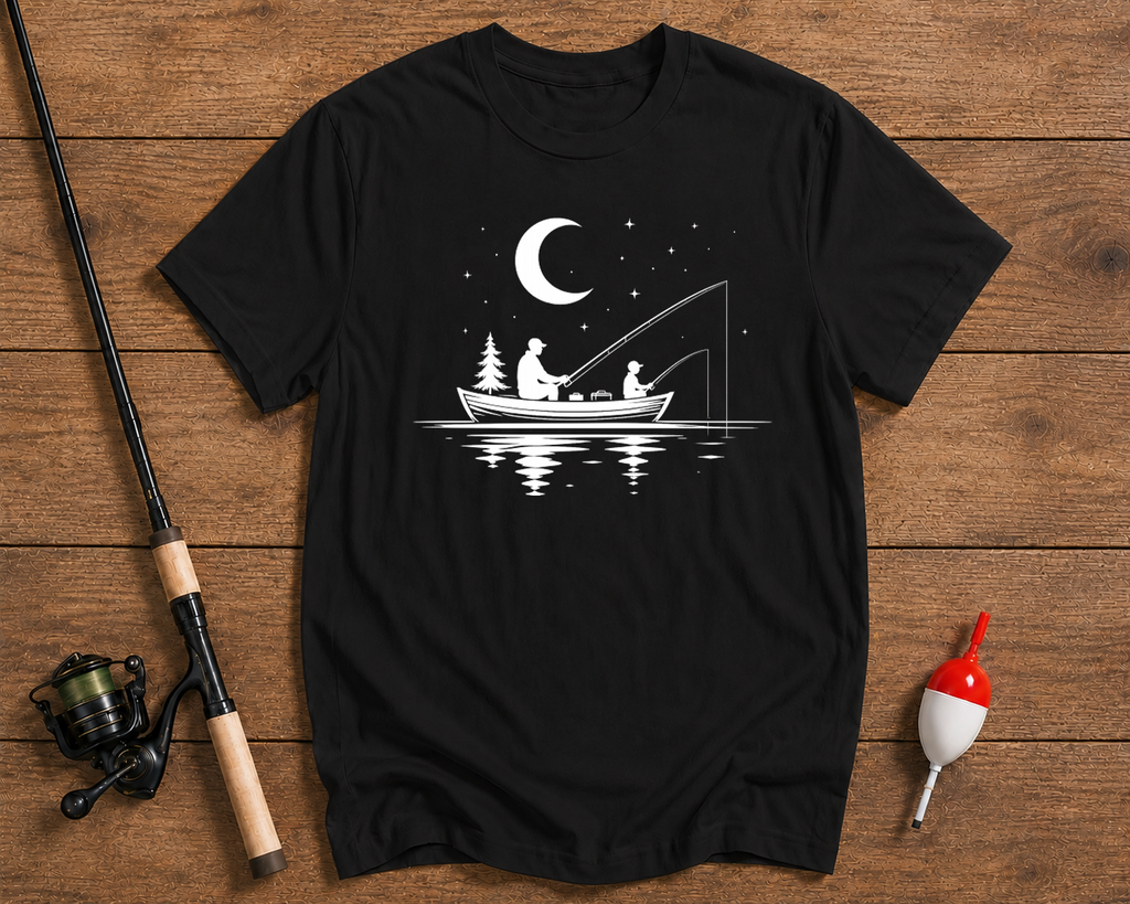 Father and son night fishing t-shirt in black by Funky Fish Club