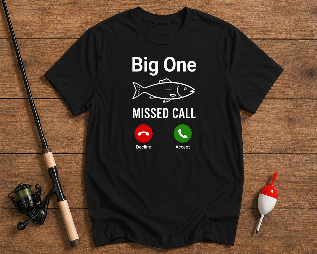 Big One Missed Call funny fishing t-shirt in black by Funky Fish Club