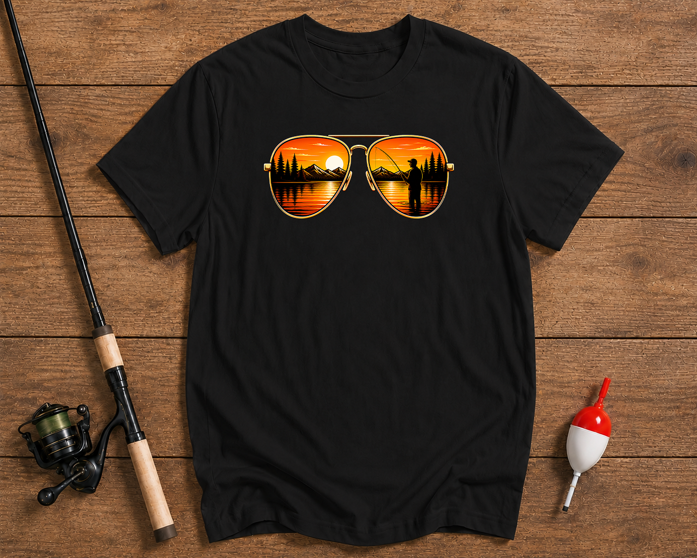 Sunset reflection fishing t-shirt with aviator sunglasses design in black by Funky Fish Club