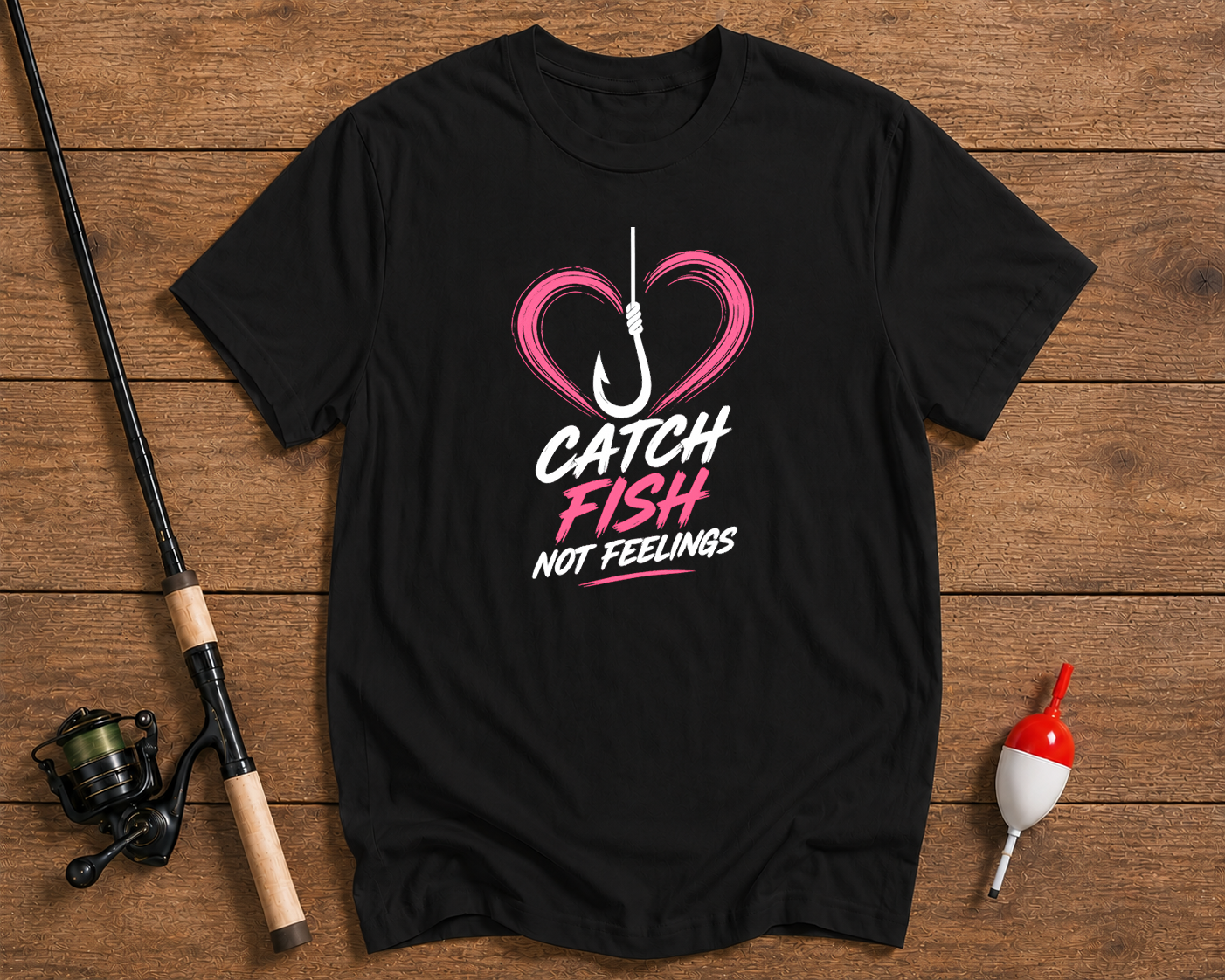 Black t-shirt with 'Catch Fish Not Feelings' design on a wooden surface with fishing equipment.