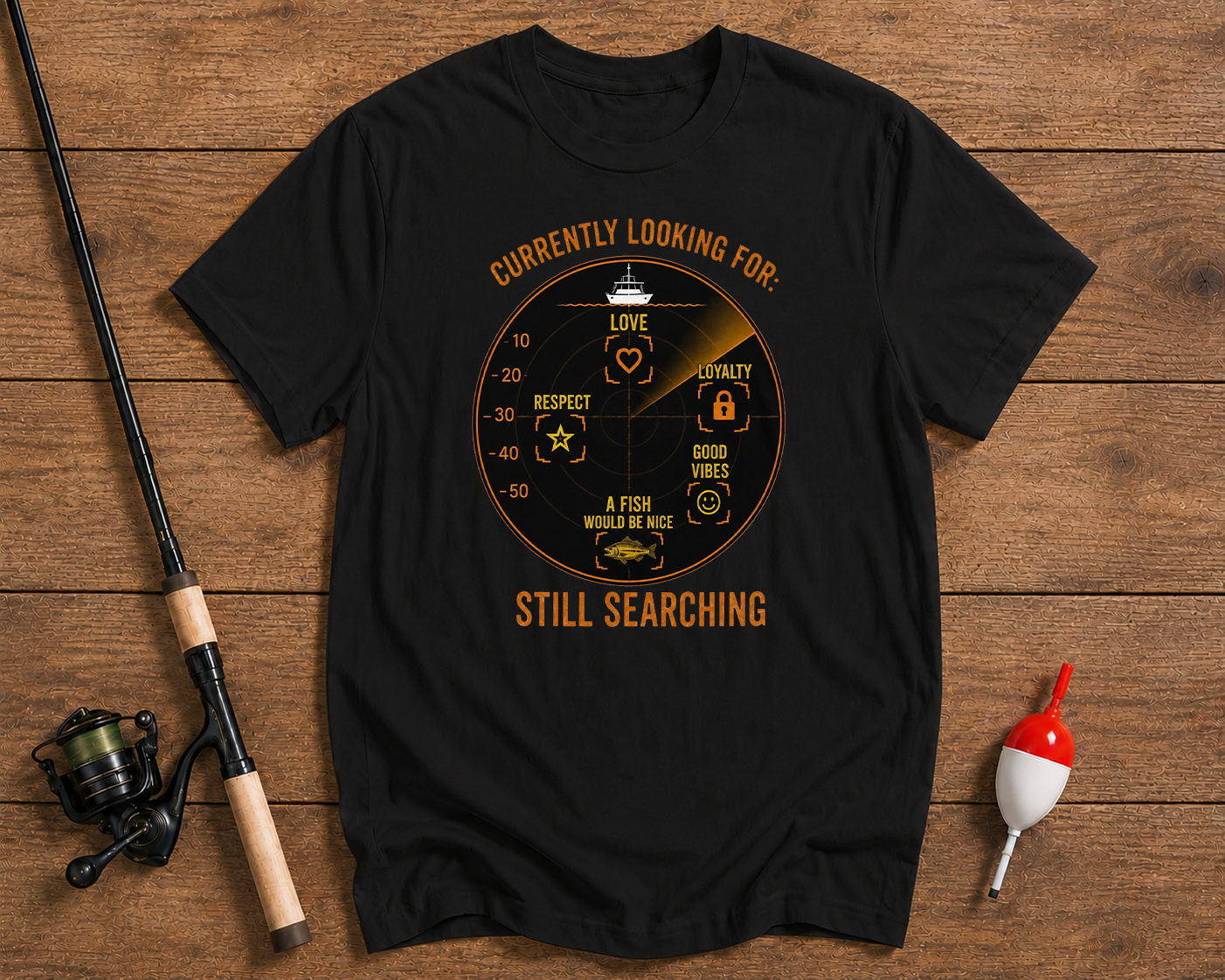 Currently Looking For Still Searching fishing t-shirt in black featuring a sonar screen searching for love loyalty respect and fish by Funky Fish Club