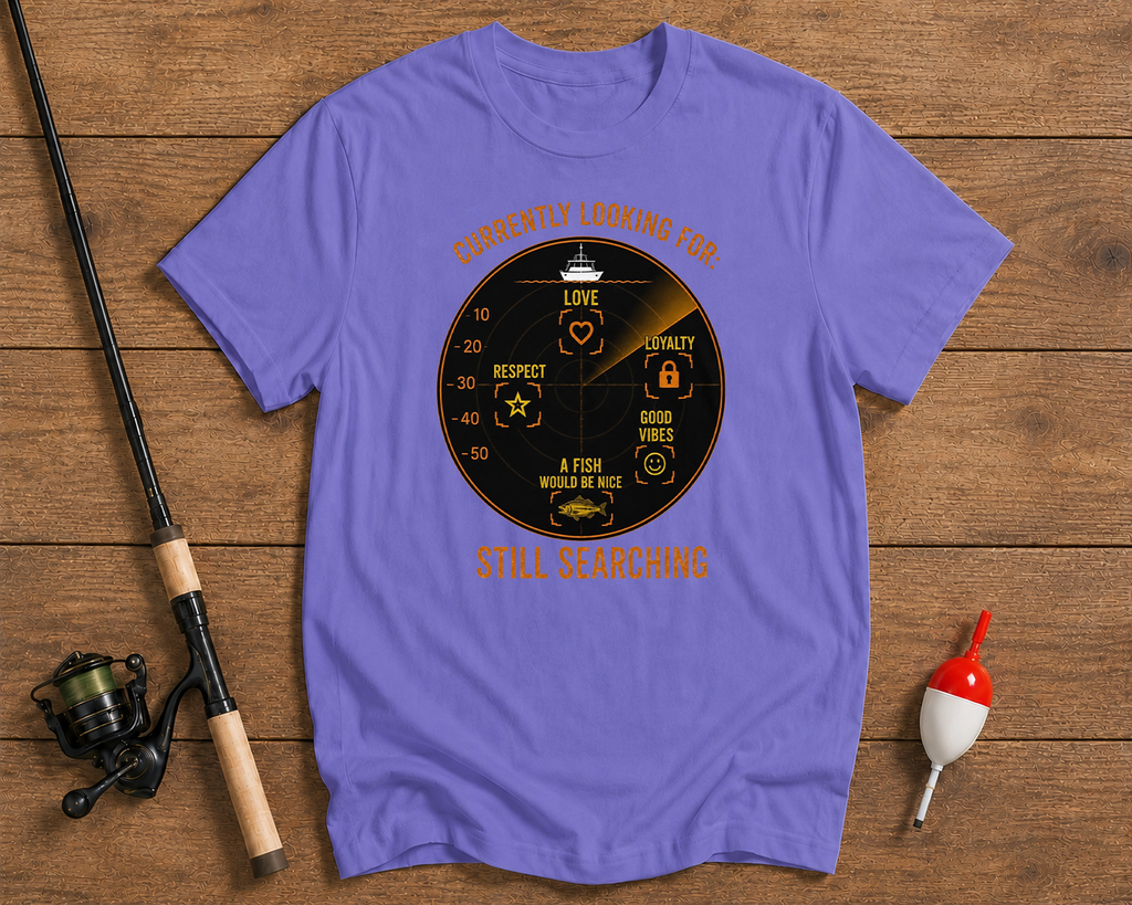 Funny fishing graphic tee in lavender featuring a sonar radar design by Funky Fish Club