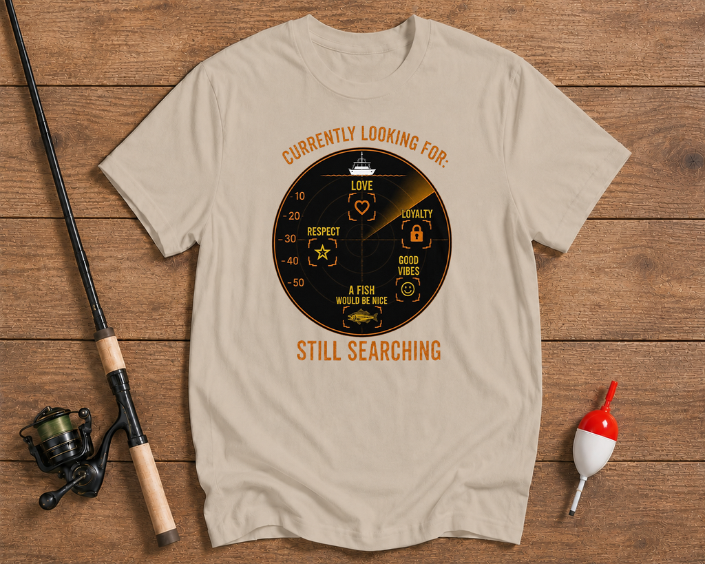 Funny fisherman shirt in sand beige featuring a fishing sonar design by Funky Fish Club