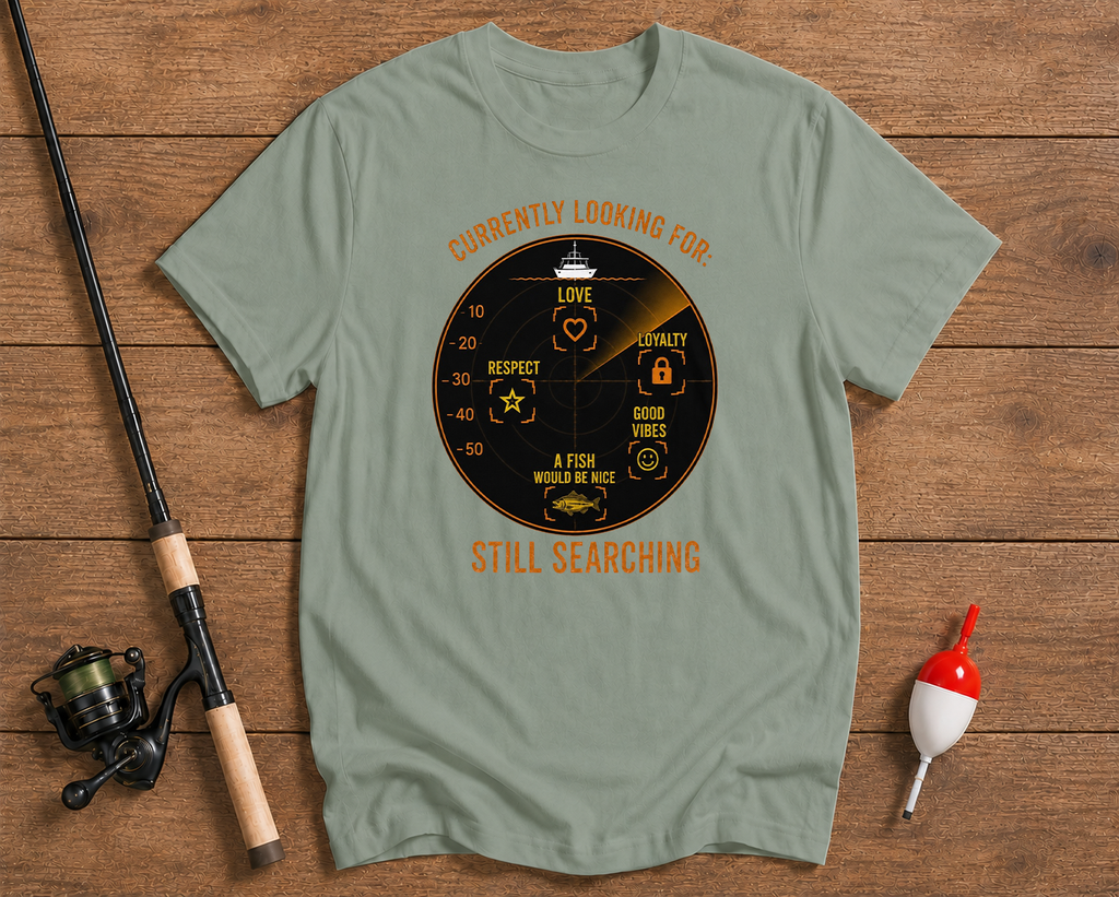 Fishing humor t-shirt in seaweed green featuring a radar search graphic by Funky Fish Club