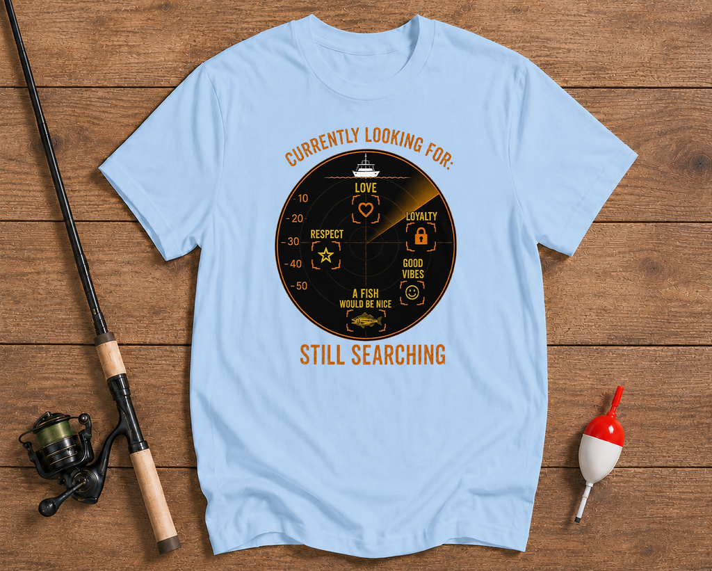 Funny angler t-shirt in sky blue featuring a sonar search illustration by Funky Fish Club