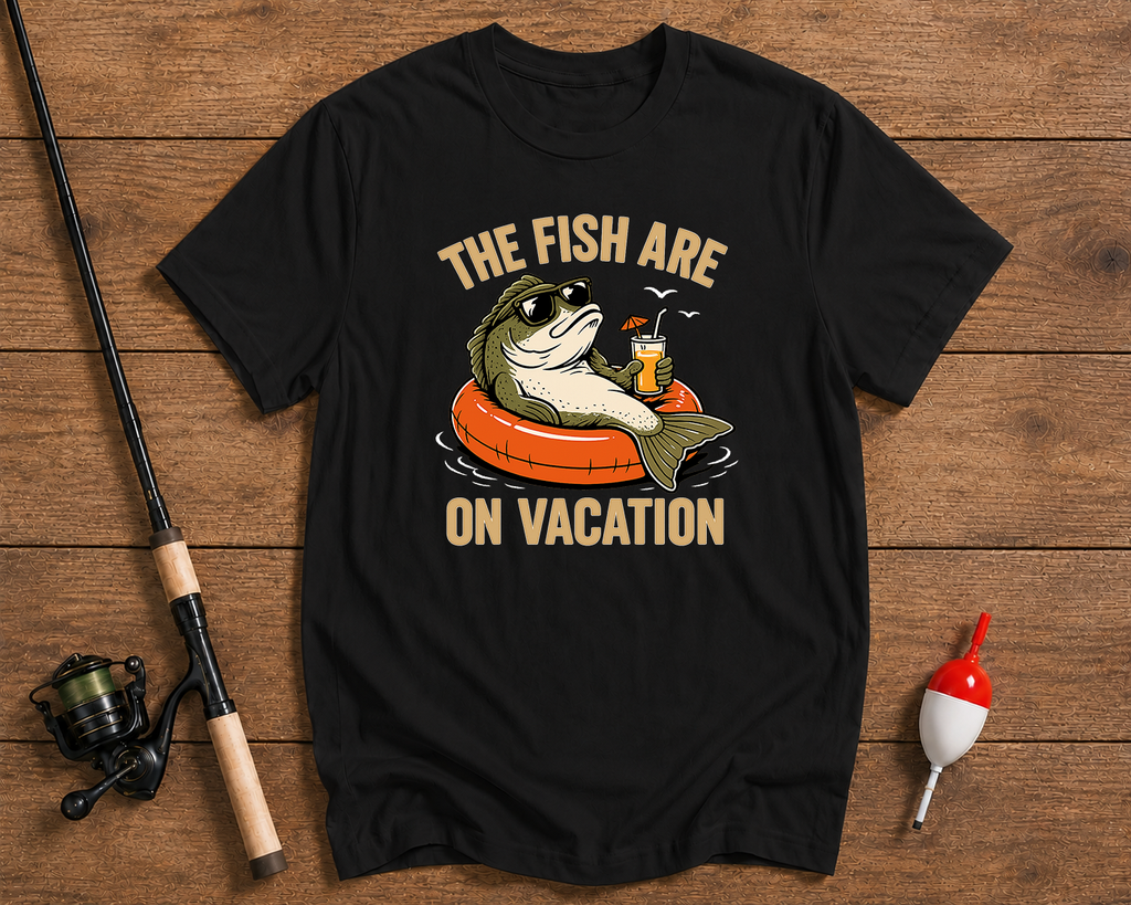 Fish Are On Vacation fishing t-shirt in black featuring a bass relaxing in an inner tube by Funky Fish Club