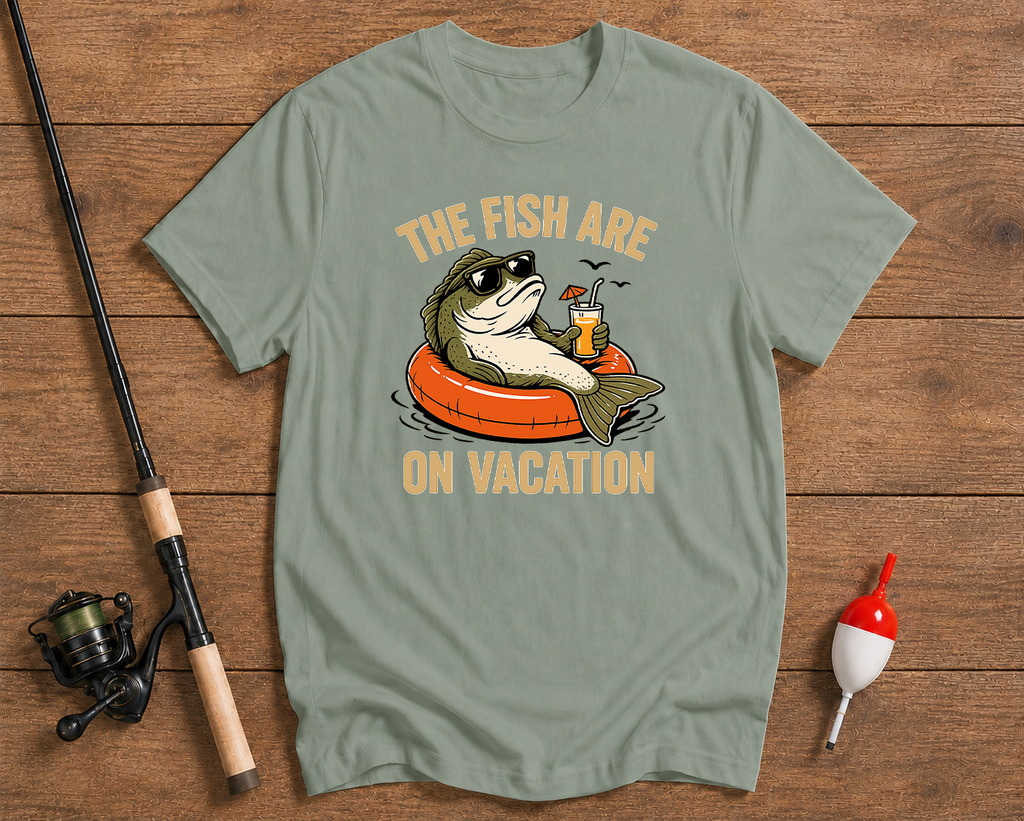 Fish Are On Vacation fishing graphic tee in sage green featuring a relaxed bass with a tropical drink by Funky Fish Club