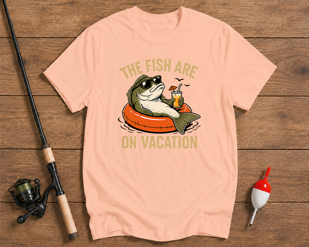 Fish Are On Vacation fishing shirt in salmon featuring a bass floating with a drink by Funky Fish Club