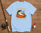 Funny fishing t-shirt in sky blue with Fish Are On Vacation bass graphic by Funky Fish Club