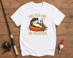 Funny Fish Are On Vacation fishing shirt in white with a bass floating in an inner tube by Funky Fish Club