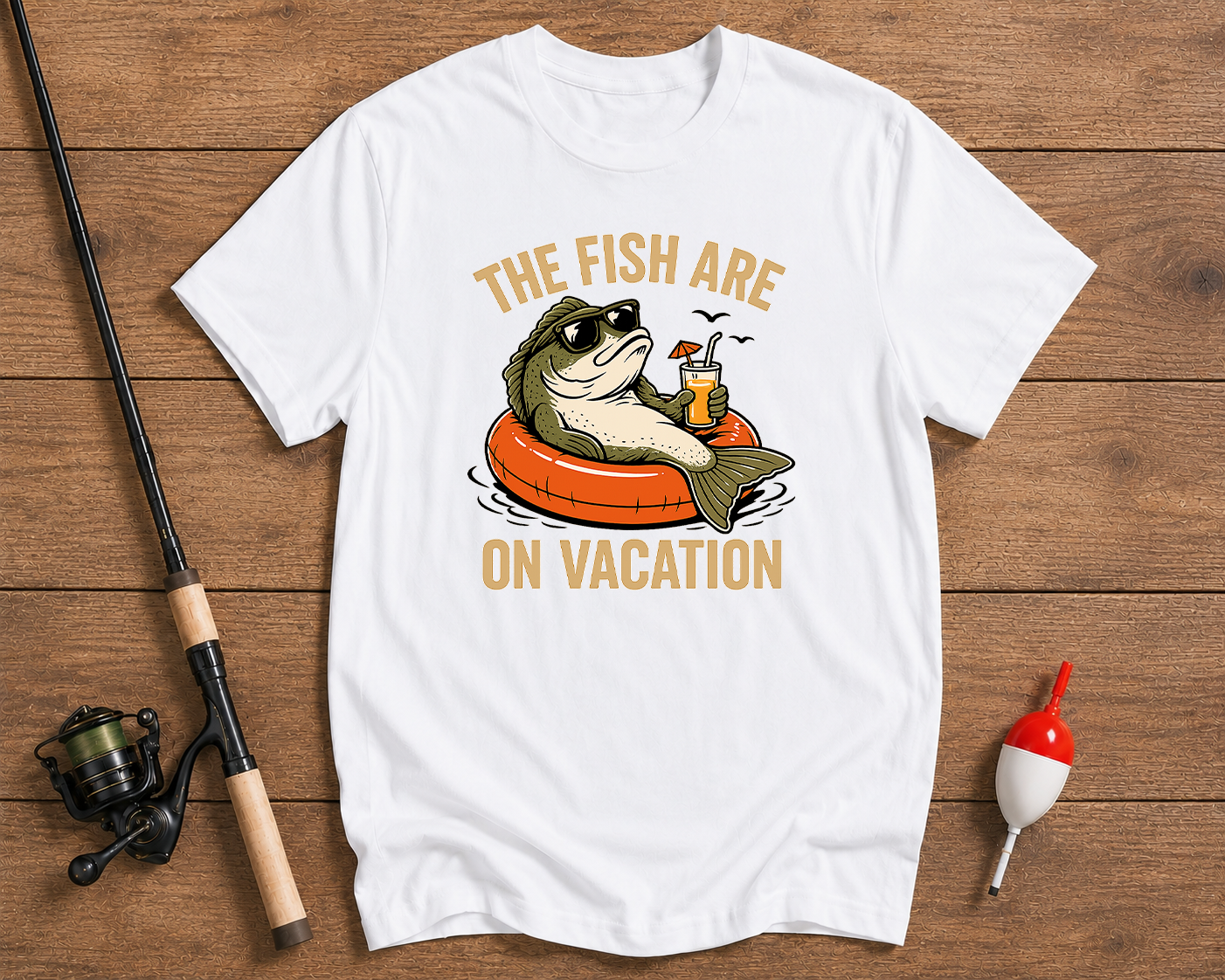Funny Fish Are On Vacation fishing shirt in white with a bass floating in an inner tube by Funky Fish Club