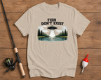 Fish Don't Exist fisherman shirt in sand beige featuring a UFO over water graphic by Funky Fish Club