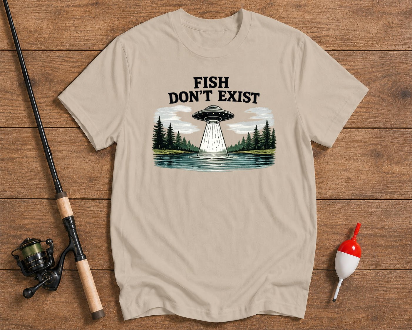 Fish Don't Exist fisherman shirt in sand beige featuring a UFO over water graphic by Funky Fish Club