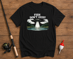 Fish Don't Exist fishing t-shirt in black featuring a UFO hovering over a lake by Funky Fish Club