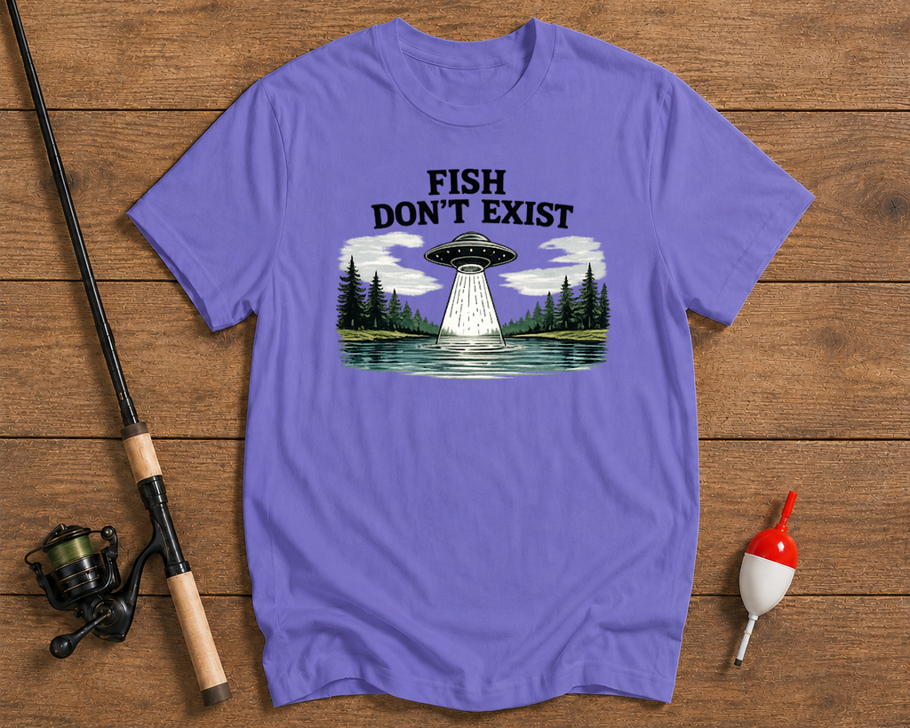 Funny alien fishing graphic tee in lavender featuring a UFO lake scene by Funky Fish Club