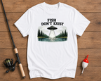 Fish Don't Exist fishing graphic tee in pearl white featuring a humorous UFO lake scene by Funky Fish Club