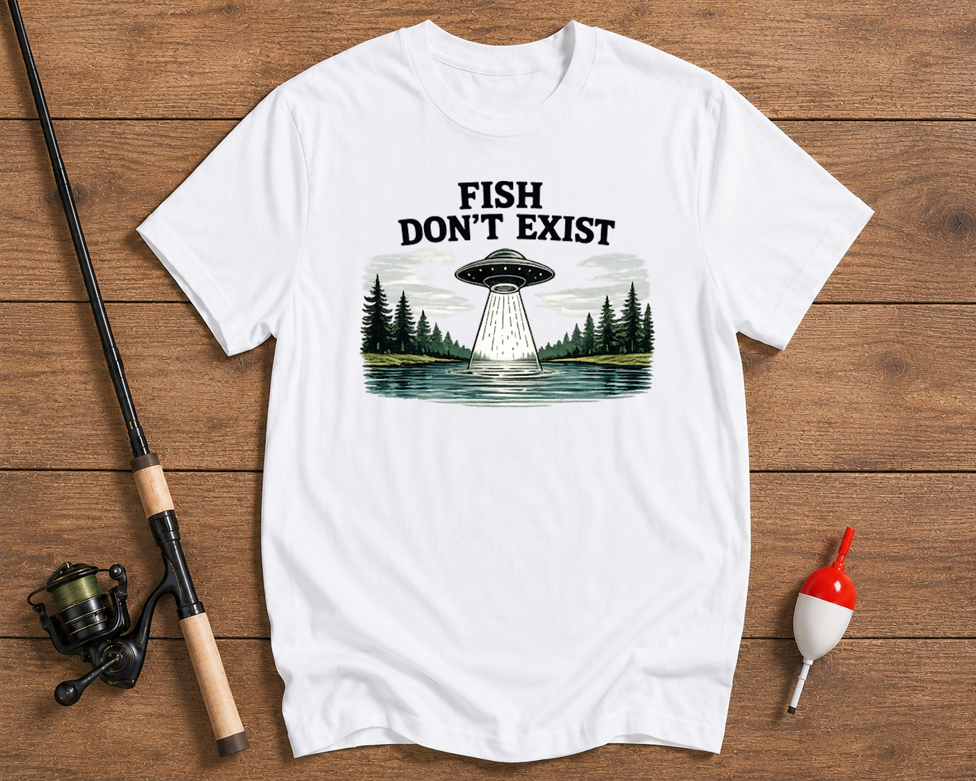 Fish Don't Exist fishing graphic tee in pearl white featuring a humorous UFO lake scene by Funky Fish Club