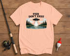 Fish Don't Exist fishing shirt in salmon featuring UFO and lake artwork by Funky Fish Club