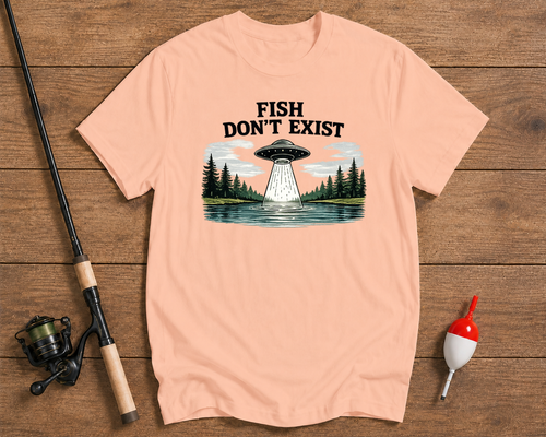 Fish Don't Exist fishing shirt in salmon featuring UFO and lake artwork by Funky Fish Club