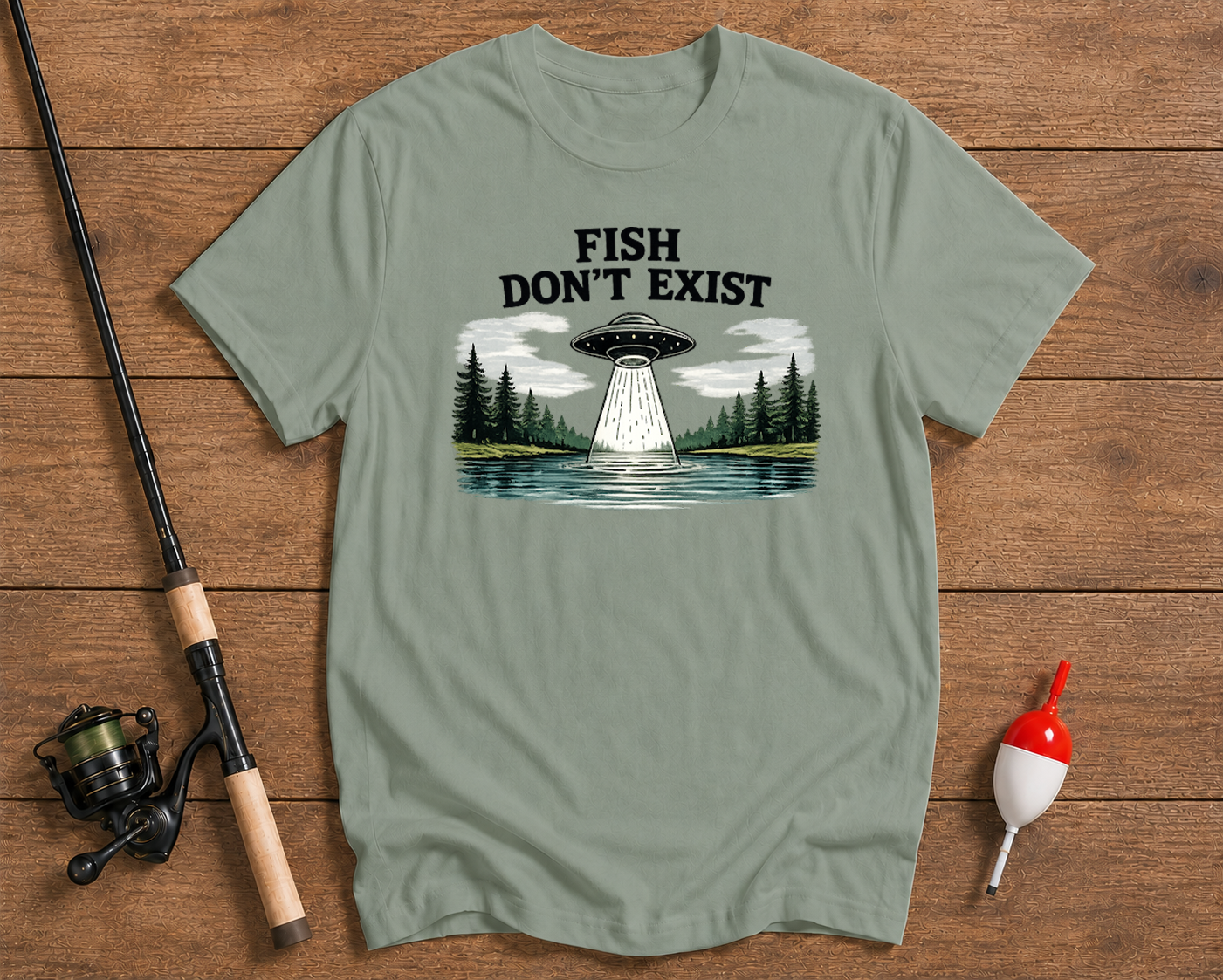 Funny fishing humor t-shirt in seaweed green featuring an alien fishing design by Funky Fish Club
