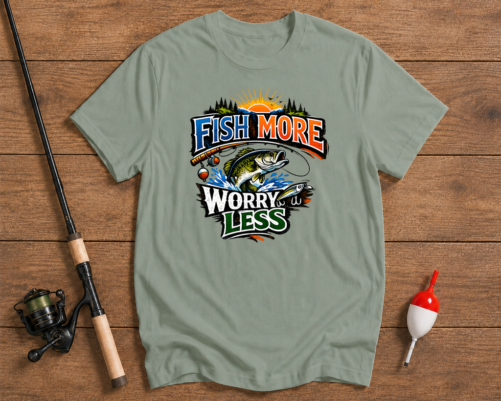 Sage green t-shirt with fishing graphic and text 'Fish More Worry Less' on a wooden surface with fishing equipment.

