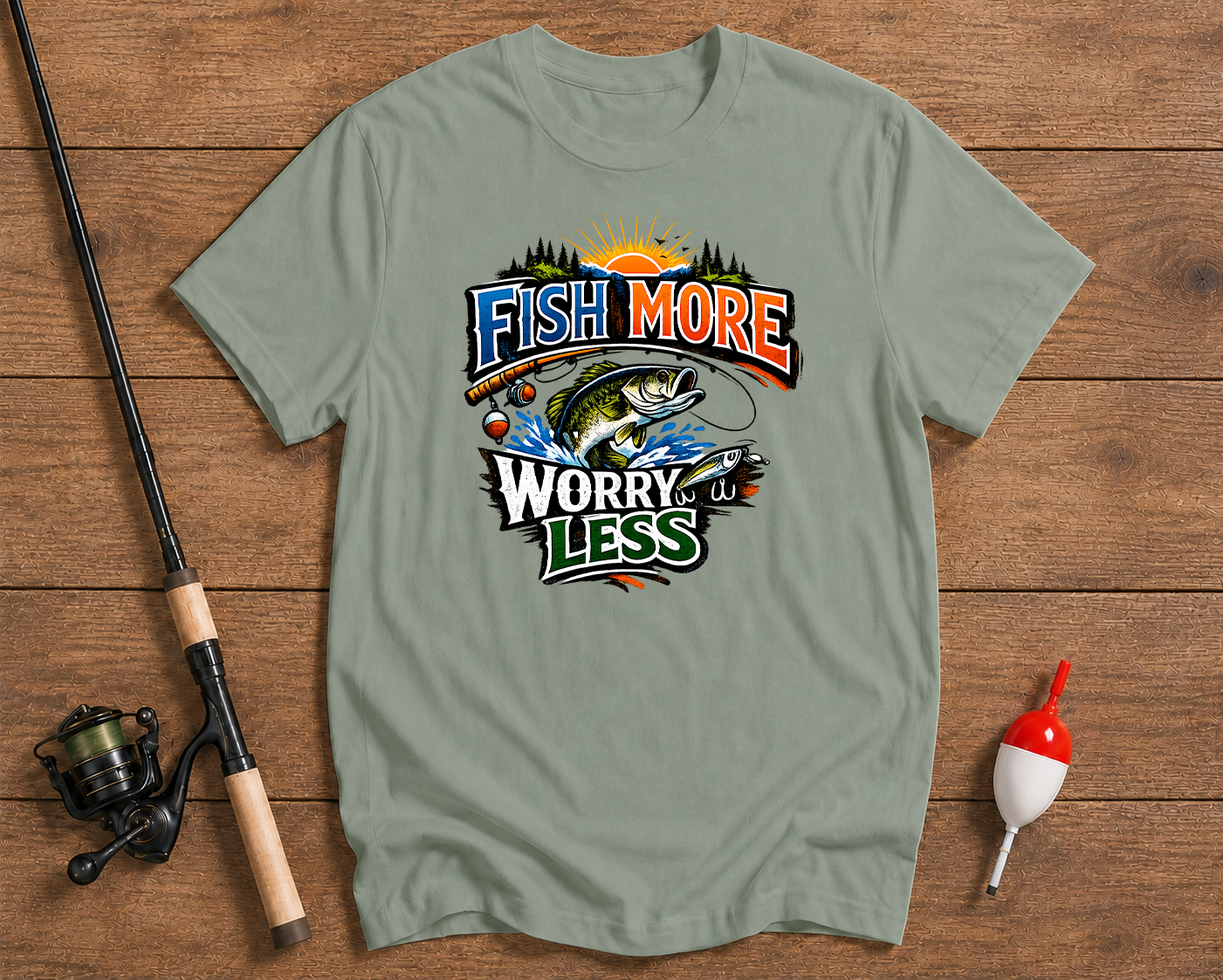 Sage green t-shirt with fishing graphic and text 'Fish More Worry Less' on a wooden surface with fishing equipment.

