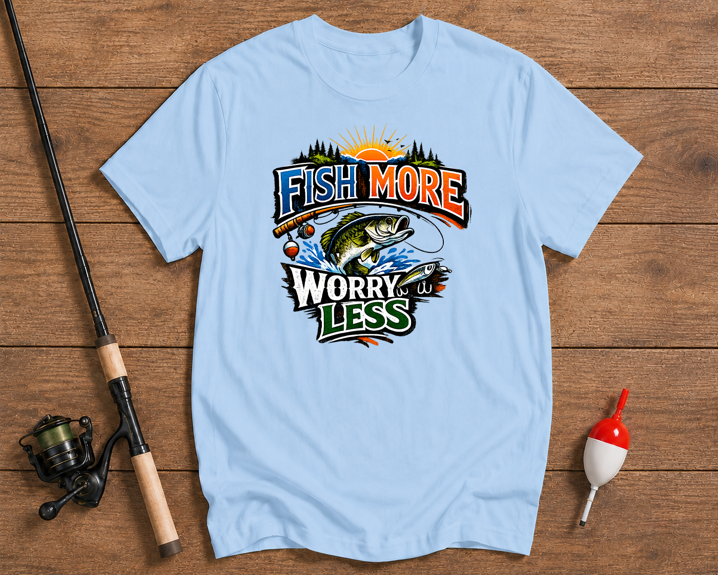 Light blue t-shirt with fishing-themed graphic on a wooden surface with fishing equipment.