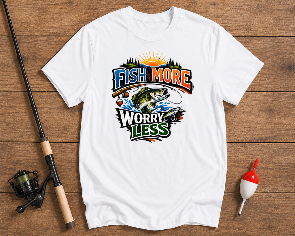 White t-shirt with fishing-themed graphic on a wooden surface with fishing rod and float.

