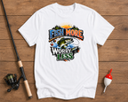 White t-shirt with fishing-themed graphic on a wooden surface with fishing rod and float.

