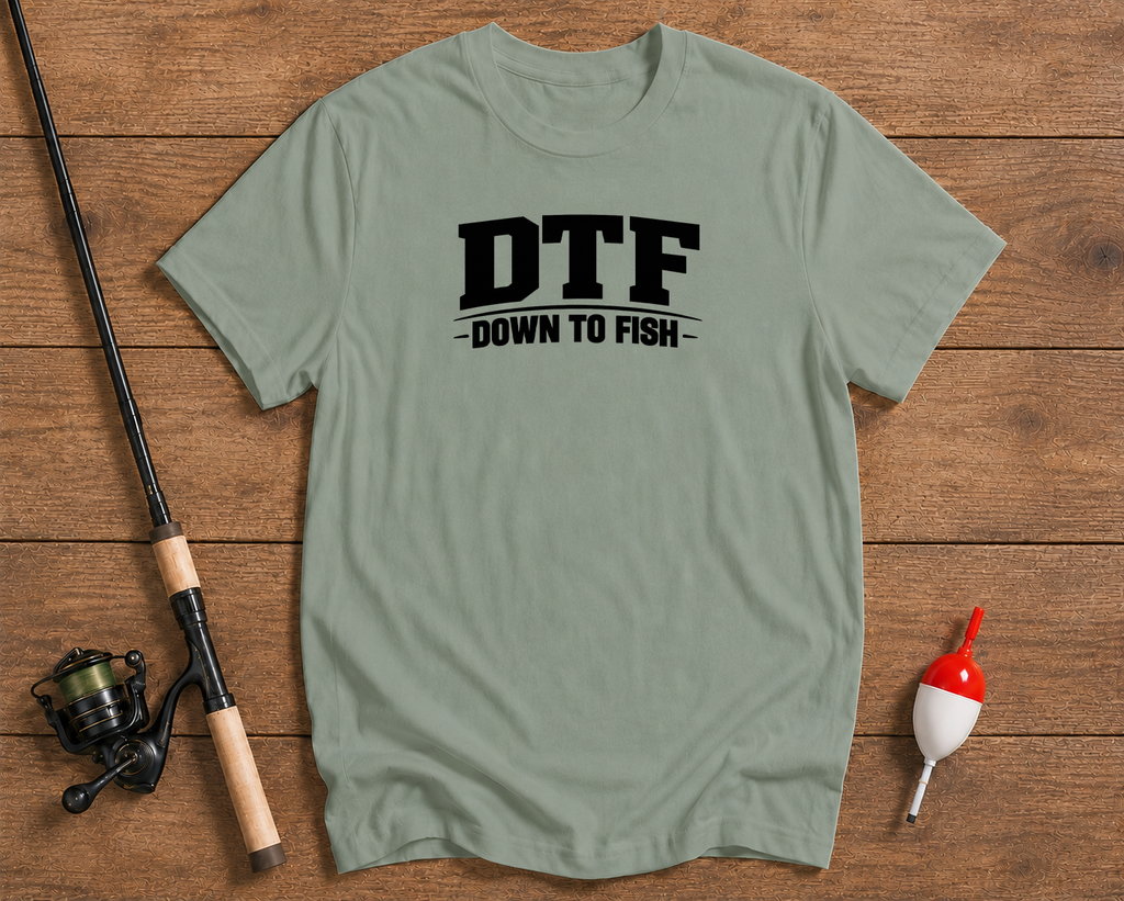 DTF Down To Fish fishing graphic tee in seaweed green by Funky Fish Club