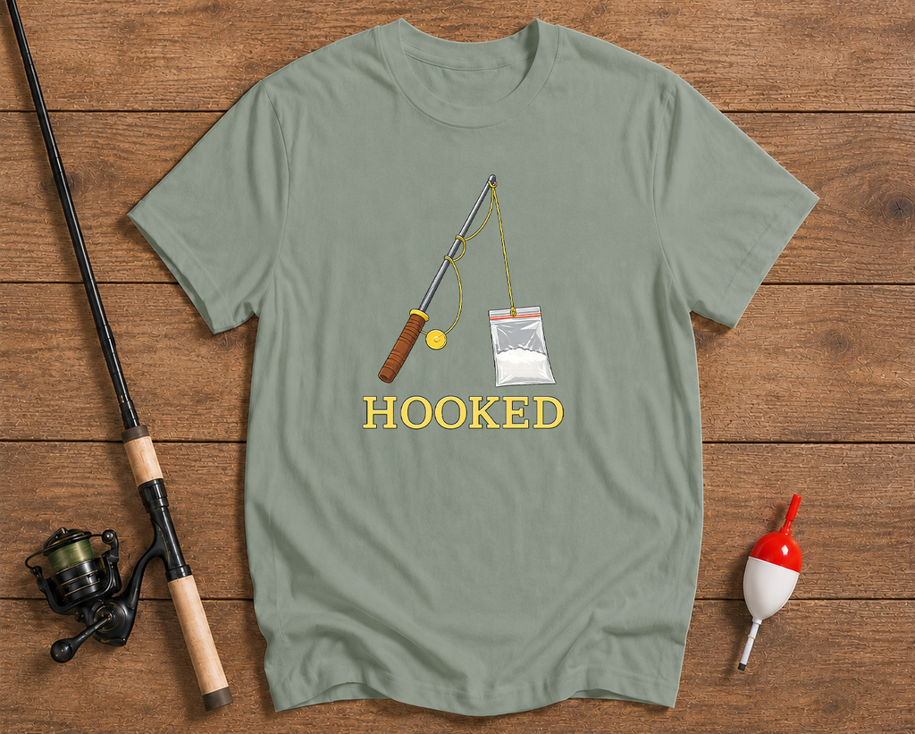 Hooked fishing lifestyle t-shirt in seaweed green by Funky Fish Club