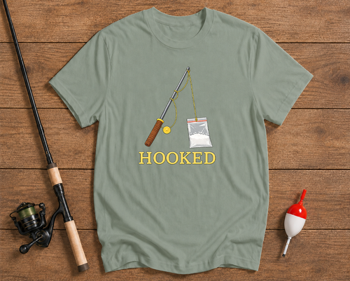 Hooked fishing lifestyle t-shirt in seaweed green by Funky Fish Club