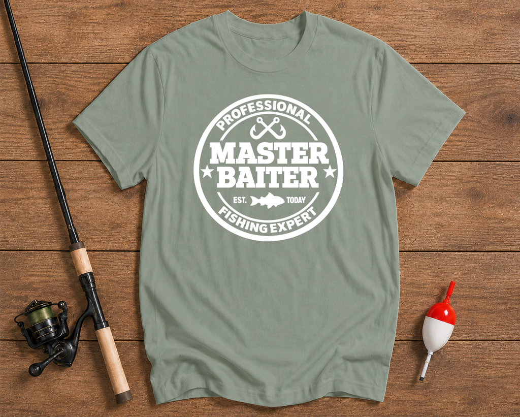 Professional Master Baiter fishing graphic shirt in seaweed green by Funky Fish Club