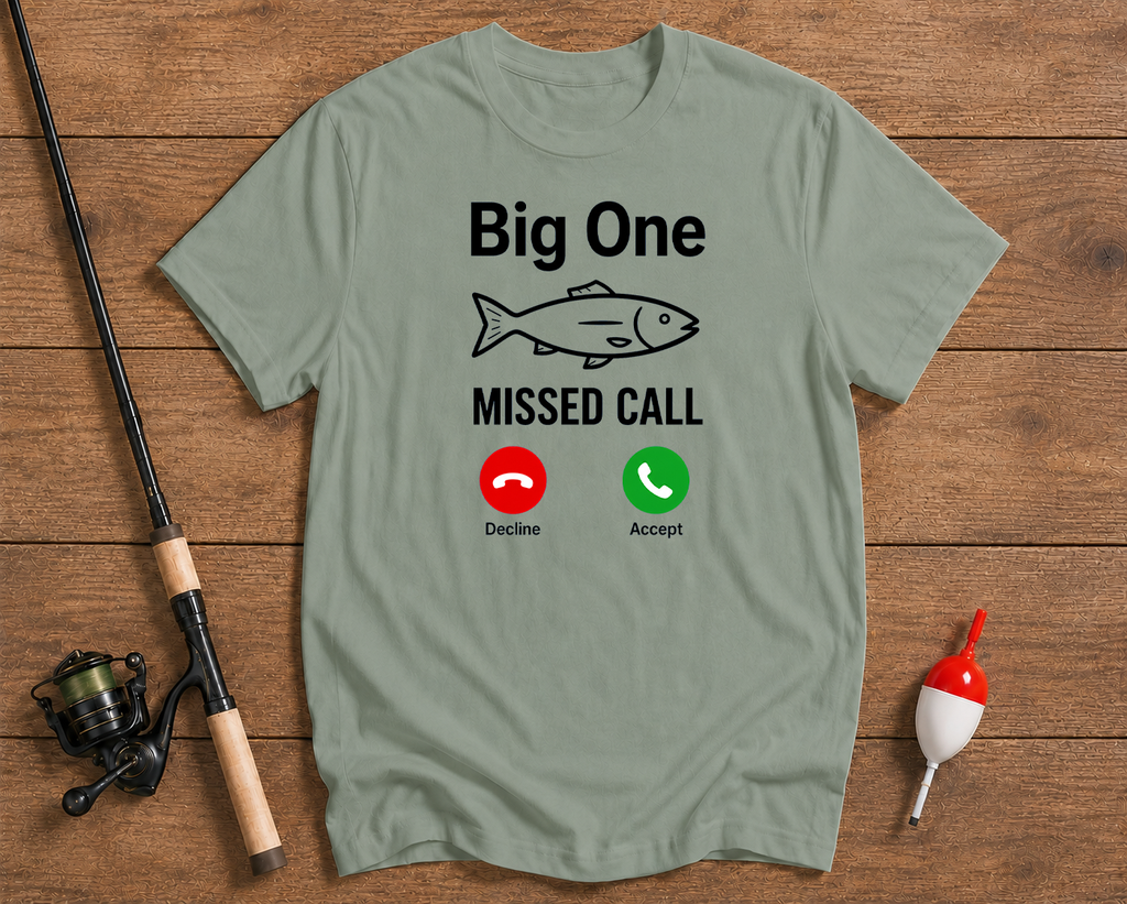 Big One Missed Call fishing graphic shirt in seaweed green by Funky Fish Club