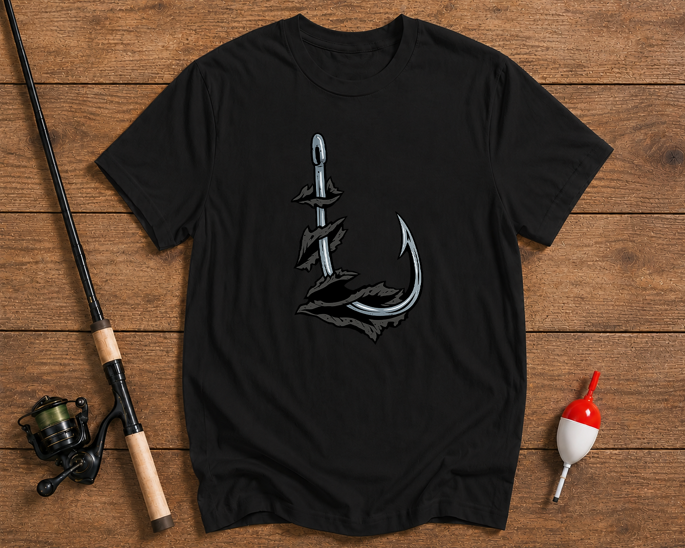 Hooked fishing t-shirt in black featuring a fishing hook ripping through the shirt by Funky Fish Club