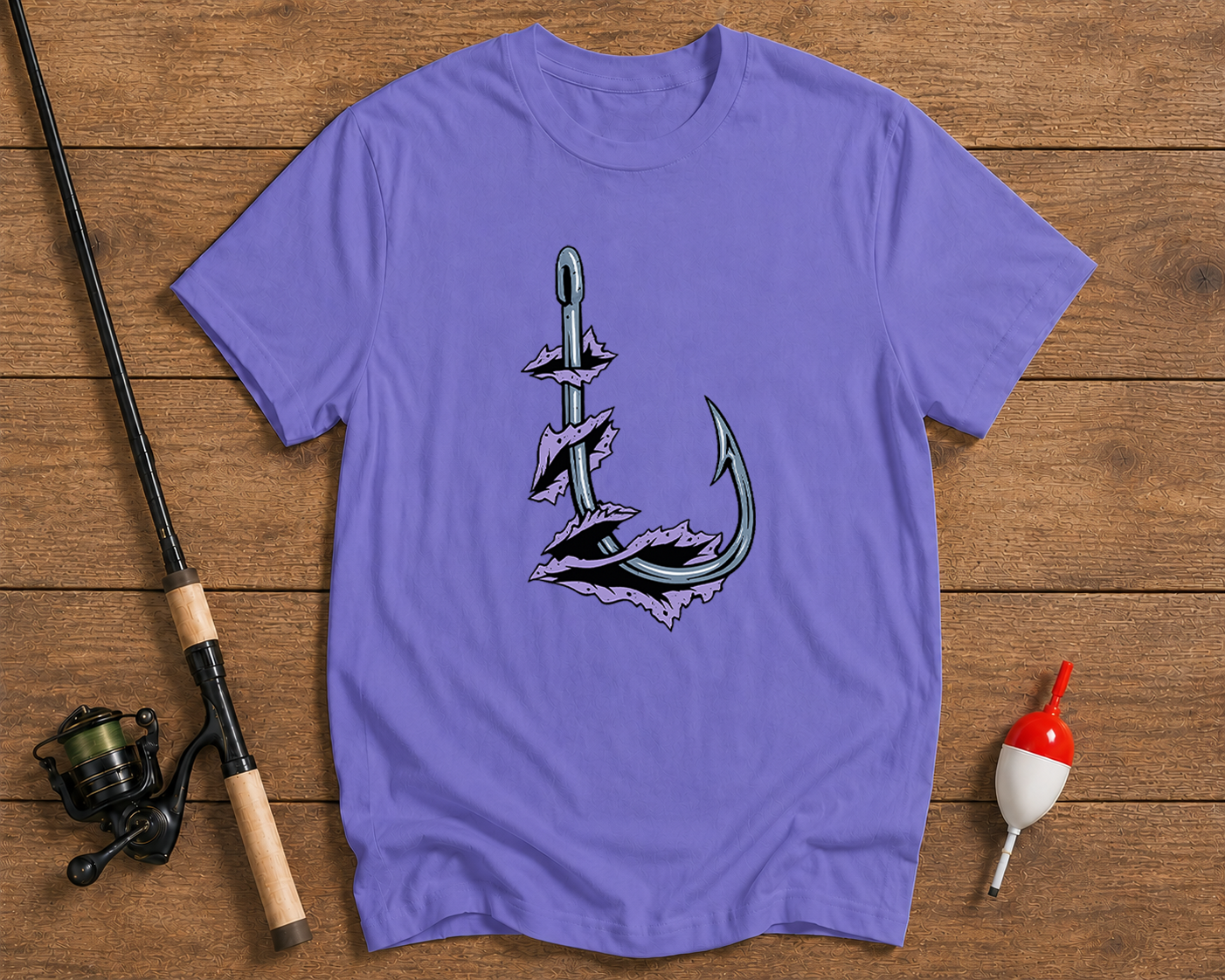 Hooked fishing graphic tee in lavender featuring a minimalist fishing hook design by Funky Fish Club